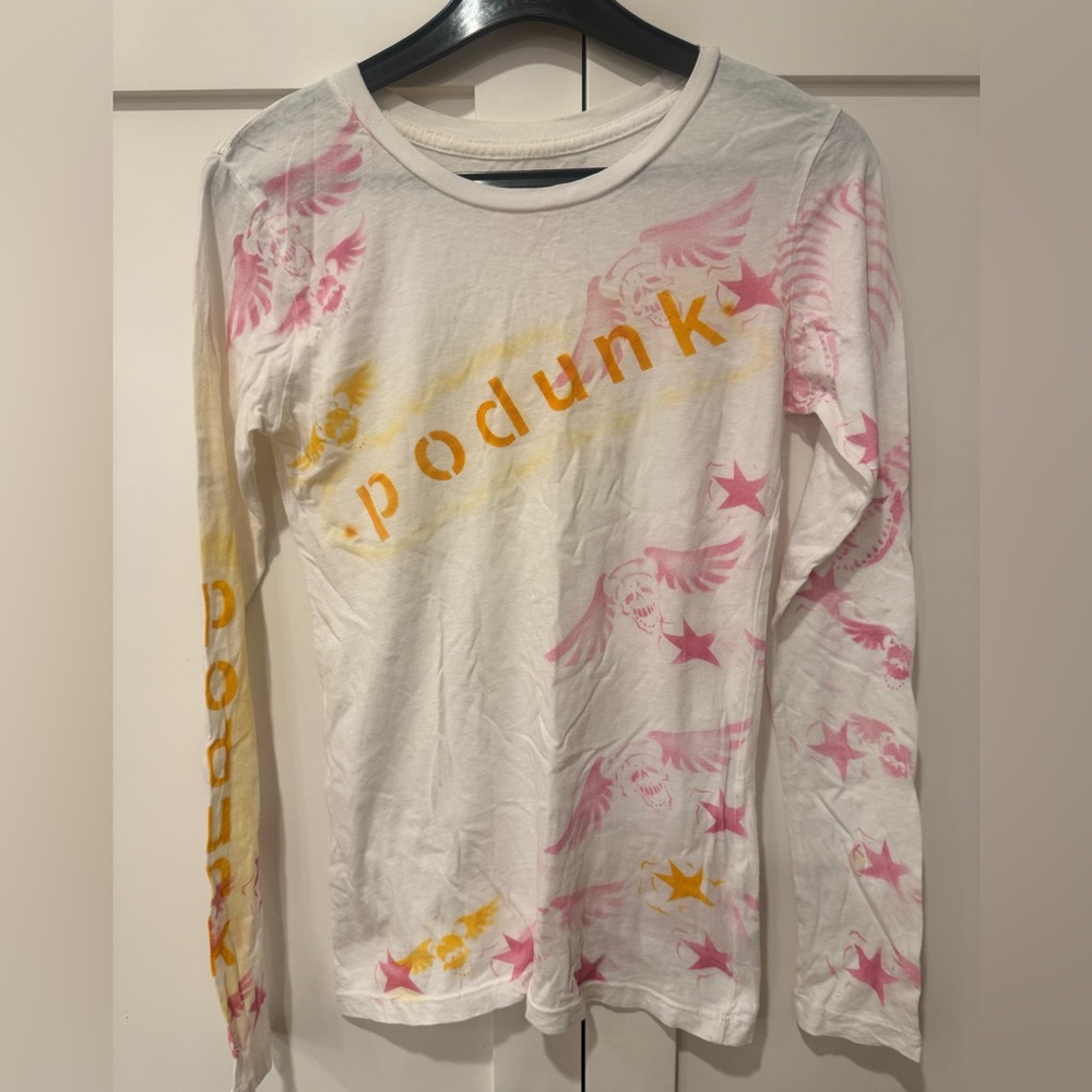 Podunk Long Sleeve Tee - White with Pink and Yellow Accents